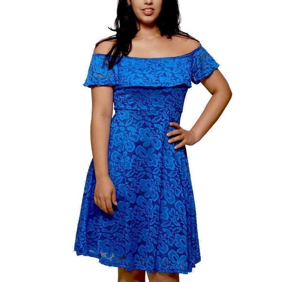 💙 Off Shoulder Lace Retro Pinup Vintage 1950s Cocktail Ruffle Blue Dress L NWT - Picture 2 of 16